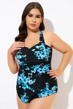 Blue Flower H-Back Sarong Front One Piece Swimsuit -Maraluxe Swimwear Shop dsc00504