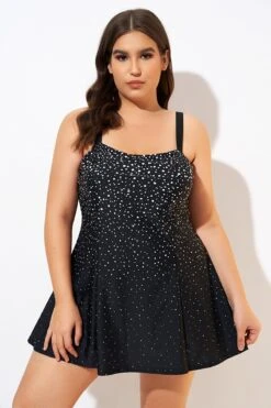 Black White Dot Square Neckline Adjustable Straps Swimdress