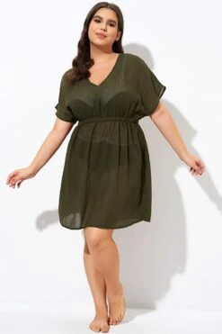Dark Green V Neck Elastic Waisted Cover Up -Maraluxe Swimwear Shop dsc00789