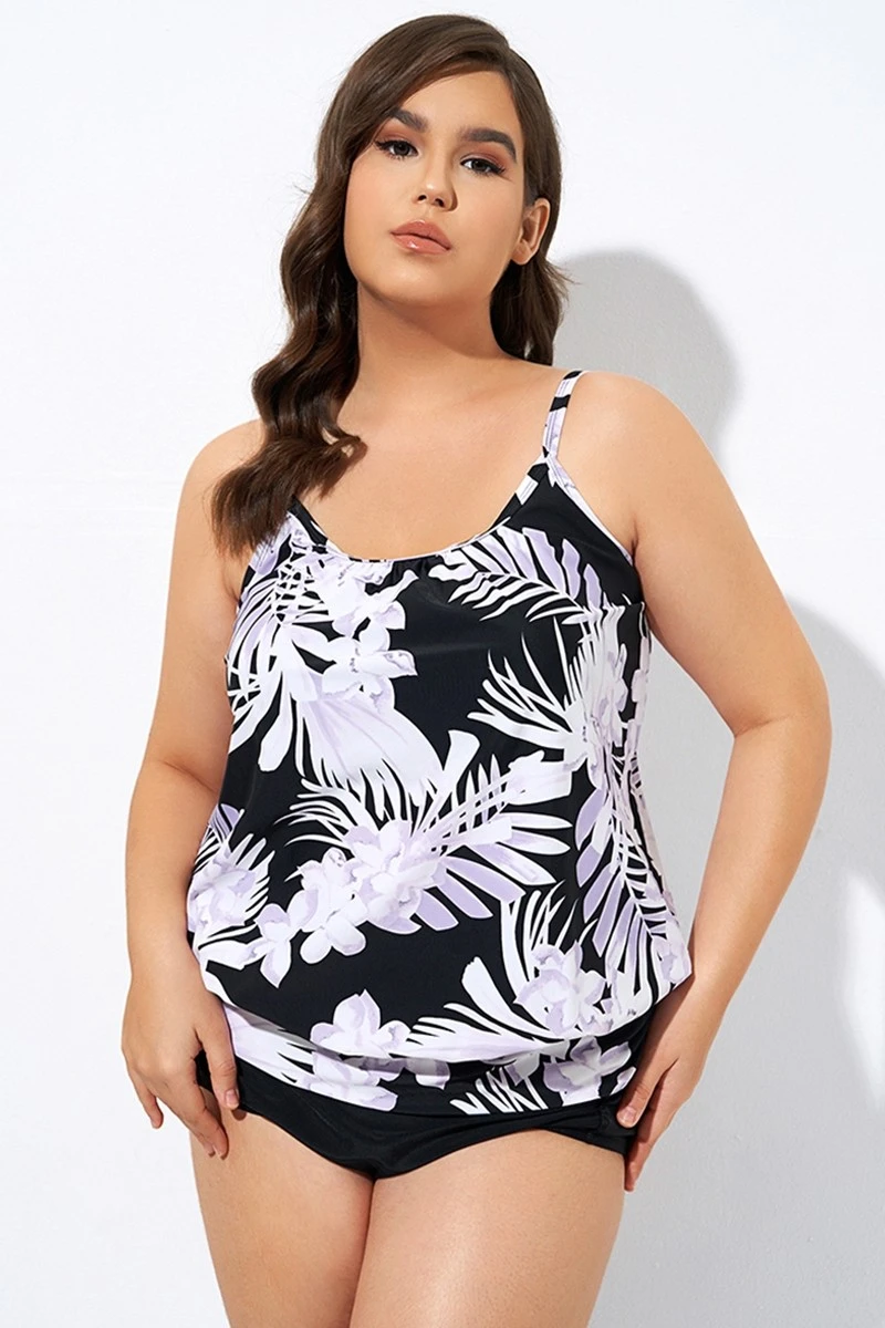Leaf Printed Adjustable Straps Lady's Blouson Tankini Top 5 Leaf Printed Adjustable Straps Lady's Blouson Tankini Top - Image 3