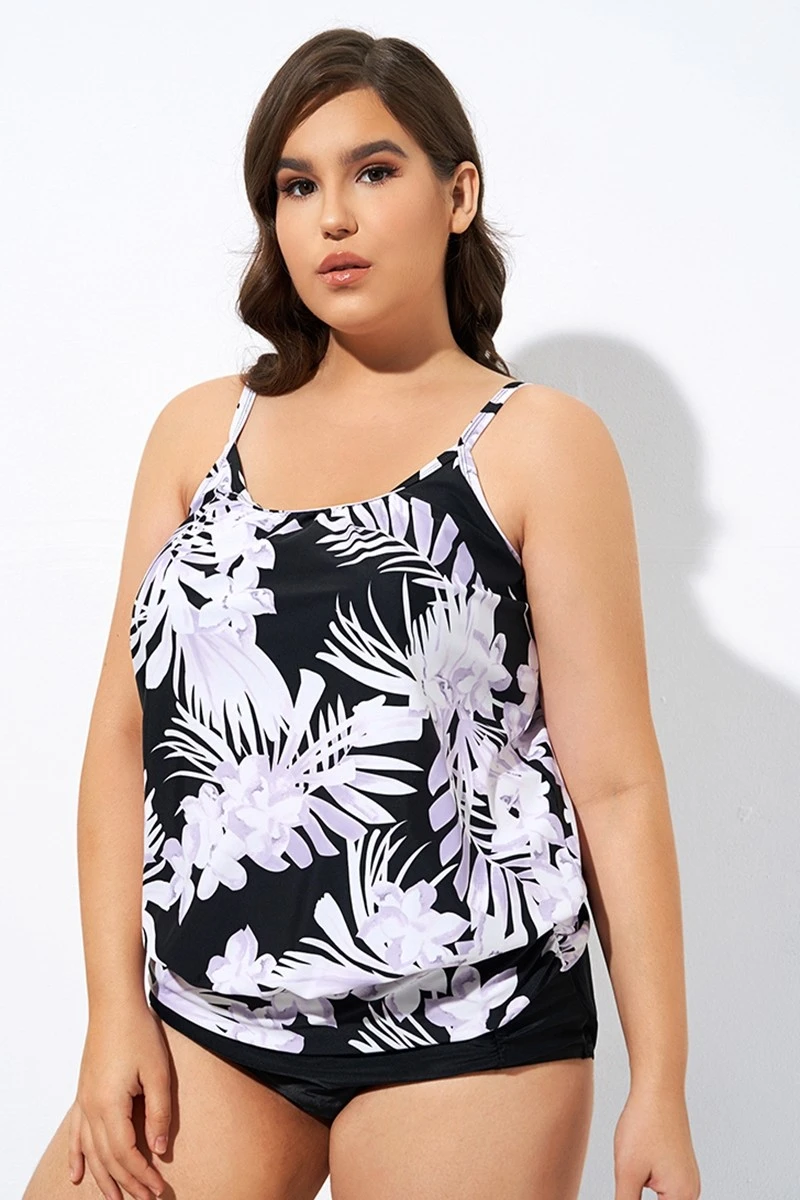 Leaf Printed Adjustable Straps Lady's Blouson Tankini Top 3 Leaf Printed Adjustable Straps Lady's Blouson Tankini Top