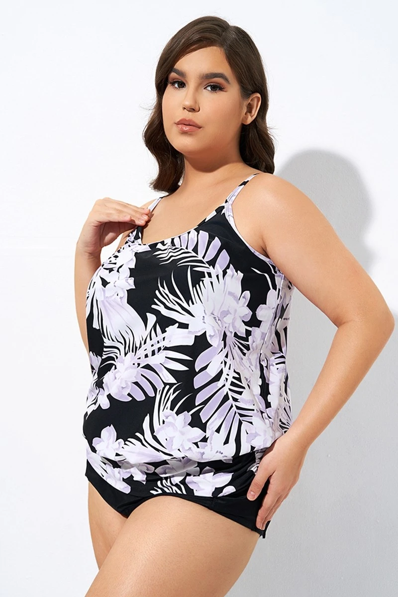 Leaf Printed Adjustable Straps Lady's Blouson Tankini Top 7 Leaf Printed Adjustable Straps Lady's Blouson Tankini Top - Image 5