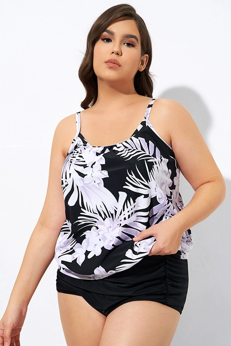 Leaf Printed Adjustable Straps Lady's Blouson Tankini Top 8 Leaf Printed Adjustable Straps Lady's Blouson Tankini Top - Image 6