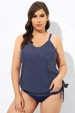 Navy Pindot Women Side Tie Round Neck Tankini Top -Maraluxe Swimwear Shop dsc07014