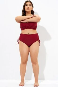 Red Drawstring Side High Waisted Bikini Bottom