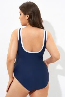 Blue Twist Front Plunge White Trim One Piece Swimsuit 9 Blue Twist Front Plunge White Trim One Piece Swimsuit -Maraluxe Swimwear Shop dsc07353
