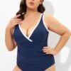 Blue Twist Front Plunge White Trim One Piece Swimsuit -Maraluxe Swimwear Shop dsc07363