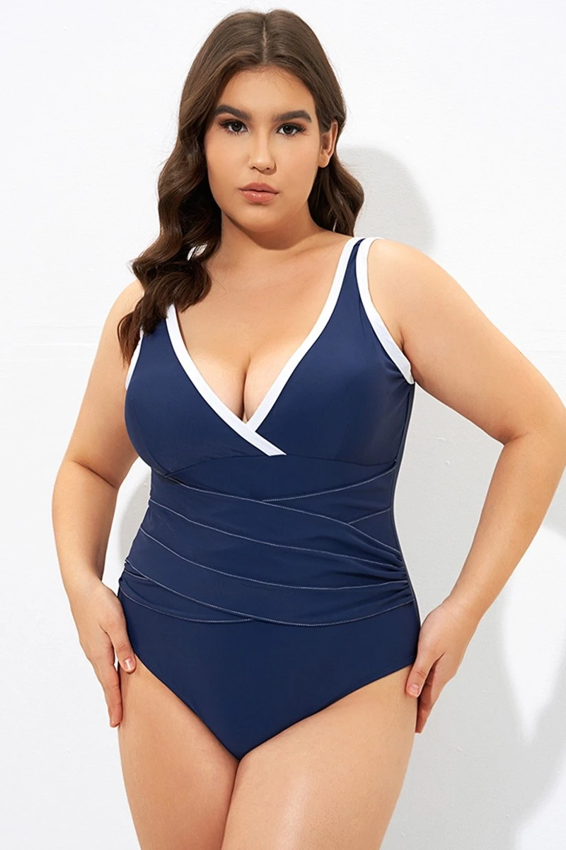 Blue Twist Front Plunge White Trim One Piece Swimsuit 5 Blue Twist Front Plunge White Trim One Piece Swimsuit - Image 3