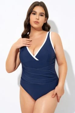 Blue Twist Front Plunge White Trim One Piece Swimsuit 11 Blue Twist Front Plunge White Trim One Piece Swimsuit -Maraluxe Swimwear Shop dsc07391