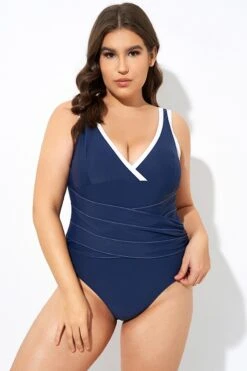 Blue Twist Front Plunge White Trim One Piece Swimsuit 12 Blue Twist Front Plunge White Trim One Piece Swimsuit -Maraluxe Swimwear Shop dsc07396