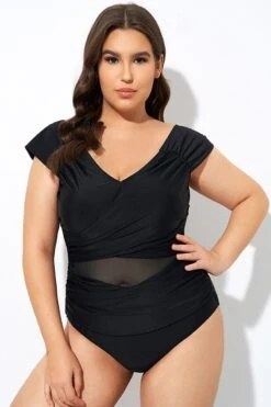 Black Mesh Cap Sleeve Cut Out One Piece Swimsuit -Maraluxe Swimwear Shop dsc07662
