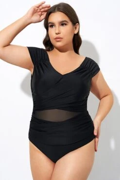 Black Mesh Cap Sleeve Cut Out One Piece Swimsuit -Maraluxe Swimwear Shop dsc07685