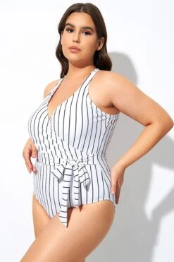 Stripe Print Tie Front Center One Piece Swimsuit -Maraluxe Swimwear Shop dsc07939