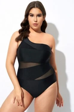 Black Mesh Sexy One Shoulder One Piece Swimsuit -Maraluxe Swimwear Shop dsc07964