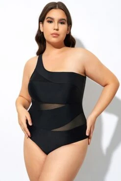 Black Mesh Sexy One Shoulder One Piece Swimsuit -Maraluxe Swimwear Shop dsc07985