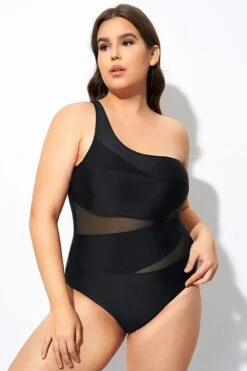 Black Mesh Sexy One Shoulder One Piece Swimsuit -Maraluxe Swimwear Shop dsc07990