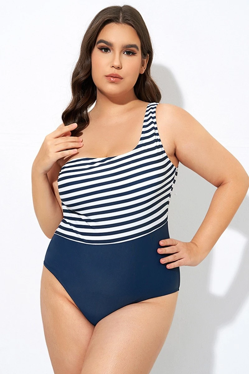Blue And White Stripe One Shoulder One Piece Swimsuit 5 Blue And White Stripe One Shoulder One Piece Swimsuit - Image 3