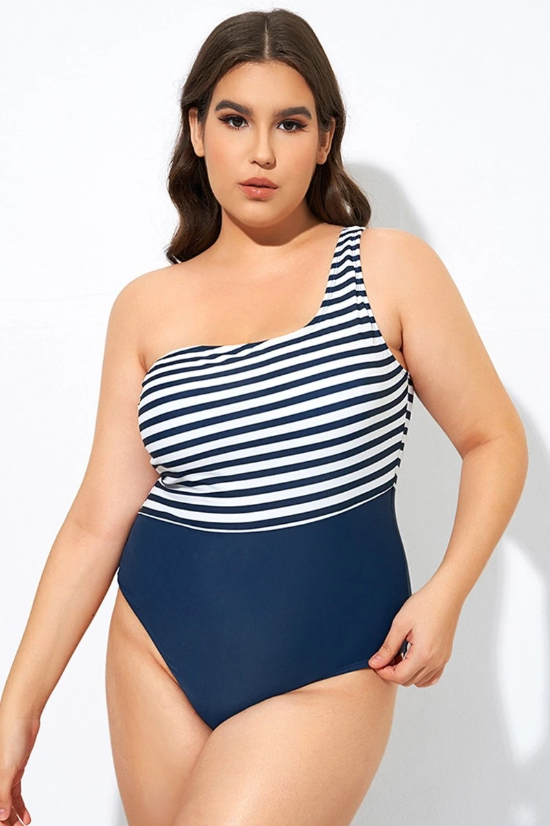 Blue And White Stripe One Shoulder One Piece Swimsuit 3 Blue And White Stripe One Shoulder One Piece Swimsuit
