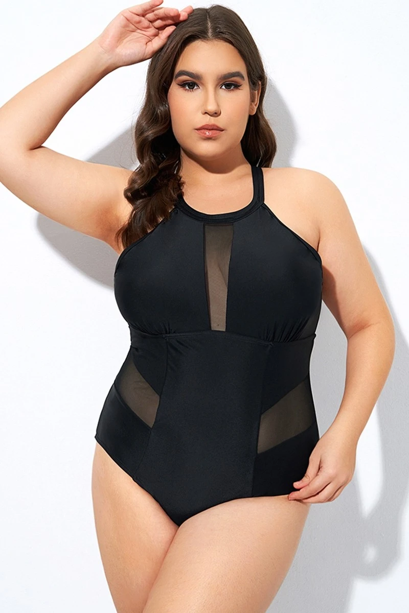 Black High Neck Plunge Mesh Cutout One Piece Swimsuit 3 Black High Neck Plunge Mesh Cutout One Piece Swimsuit