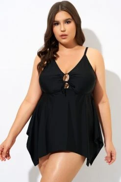 Black Front Tie Flowy Cross Back Tankini Top