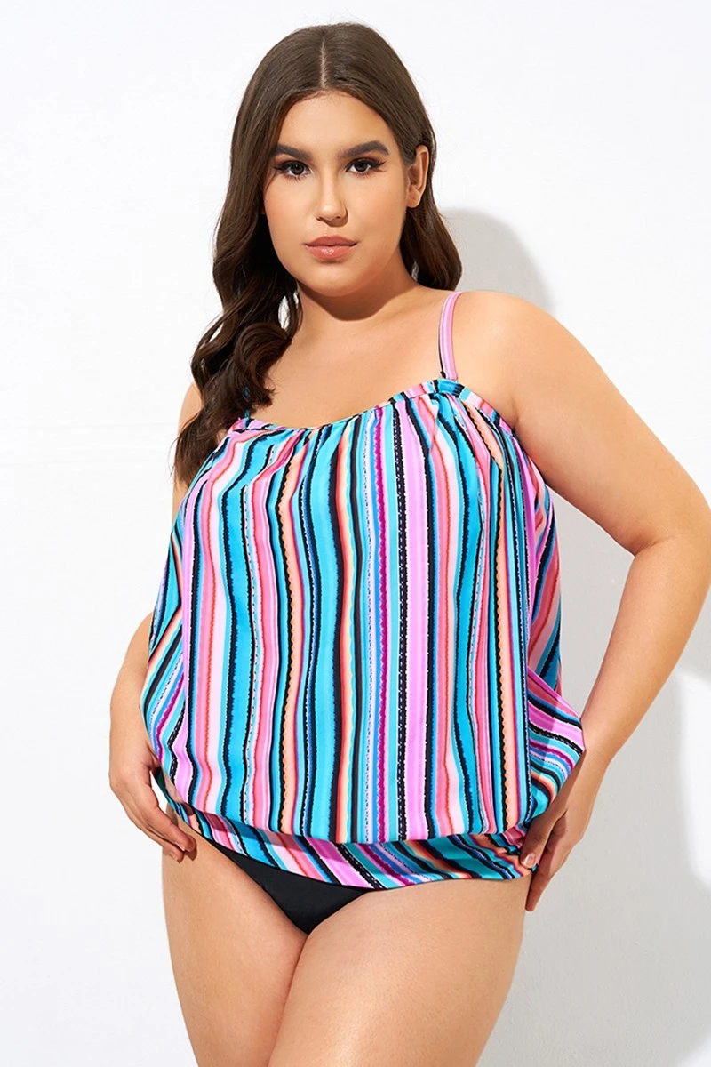 Women Stripe Bandeau Blouson Tankini Top 5 Women Stripe Bandeau Blouson Tankini Top - Image 3