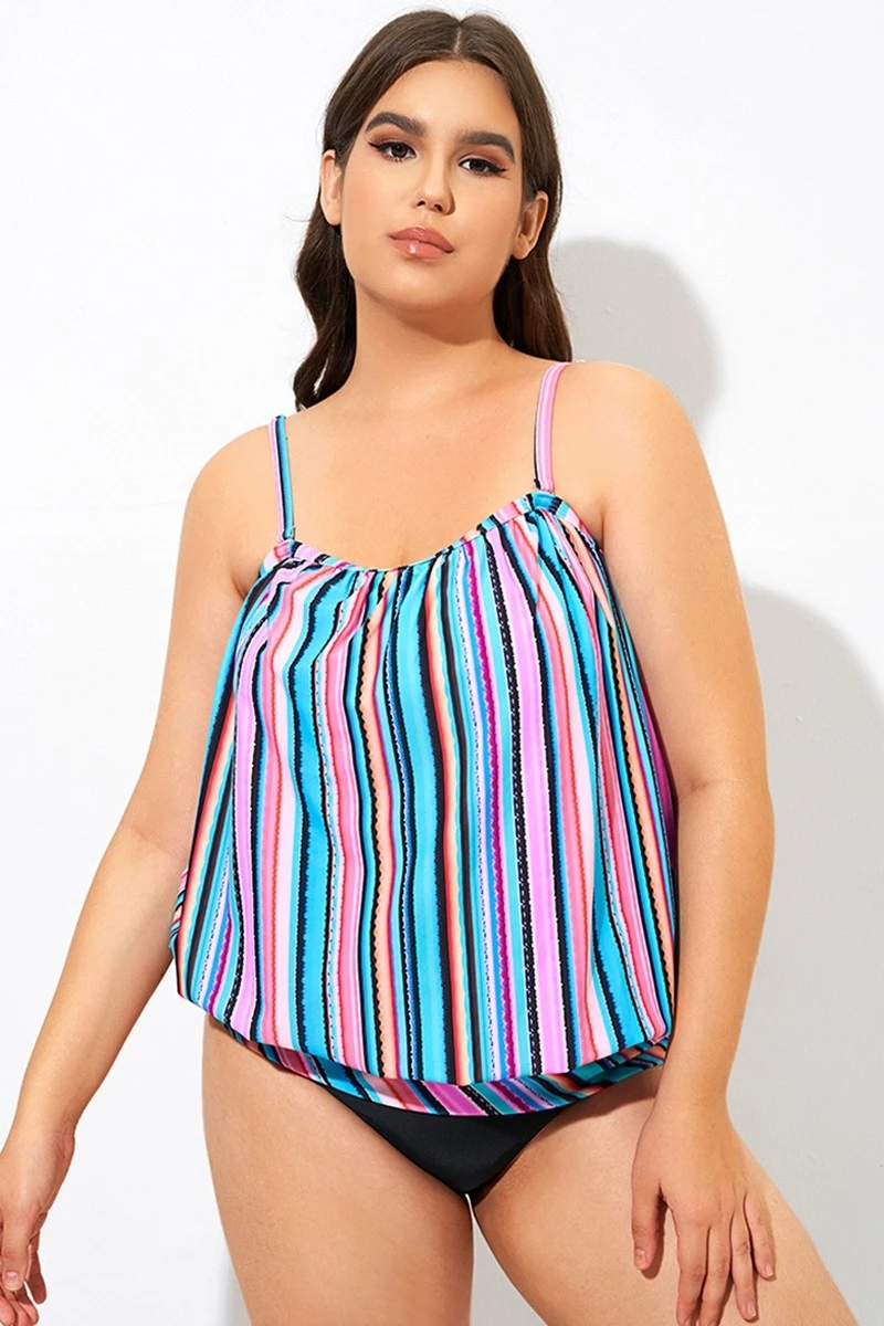 Women Stripe Bandeau Blouson Tankini Top 7 Women Stripe Bandeau Blouson Tankini Top - Image 5