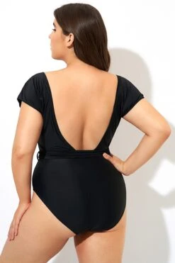 Black Short Sleeve Waist Tie One Piece Swimsuit -Maraluxe Swimwear Shop dsc09974
