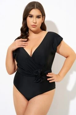 Black Short Sleeve Waist Tie One Piece Swimsuit -Maraluxe Swimwear Shop dsc09990
